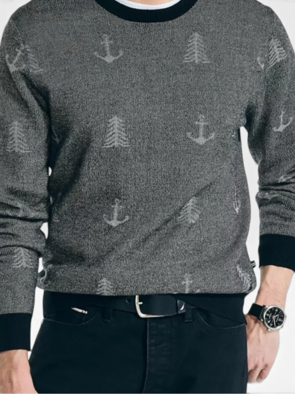 Nautica Grey Anchor-Print Crewneck Sweater Size L